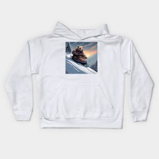 Teddy on a sledge riding down a hill in the snow Kids Hoodie